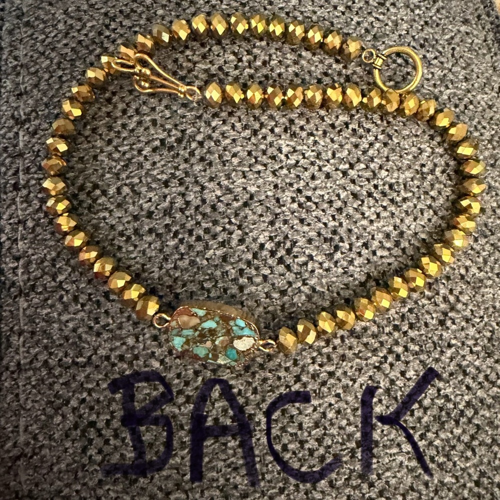 Golden Crystal and Faux Turquoise Beaded Necklace 16” - Picture 7 of 7